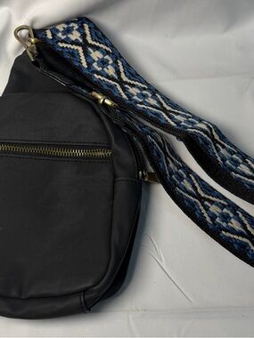 Black Crossbody Bag with Blue Woven Strap - Unbranded